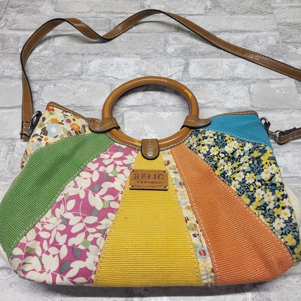 RELIC Satchel Round Top Wooden Handle Handbag Patchwork Woven Canvas Crossbody